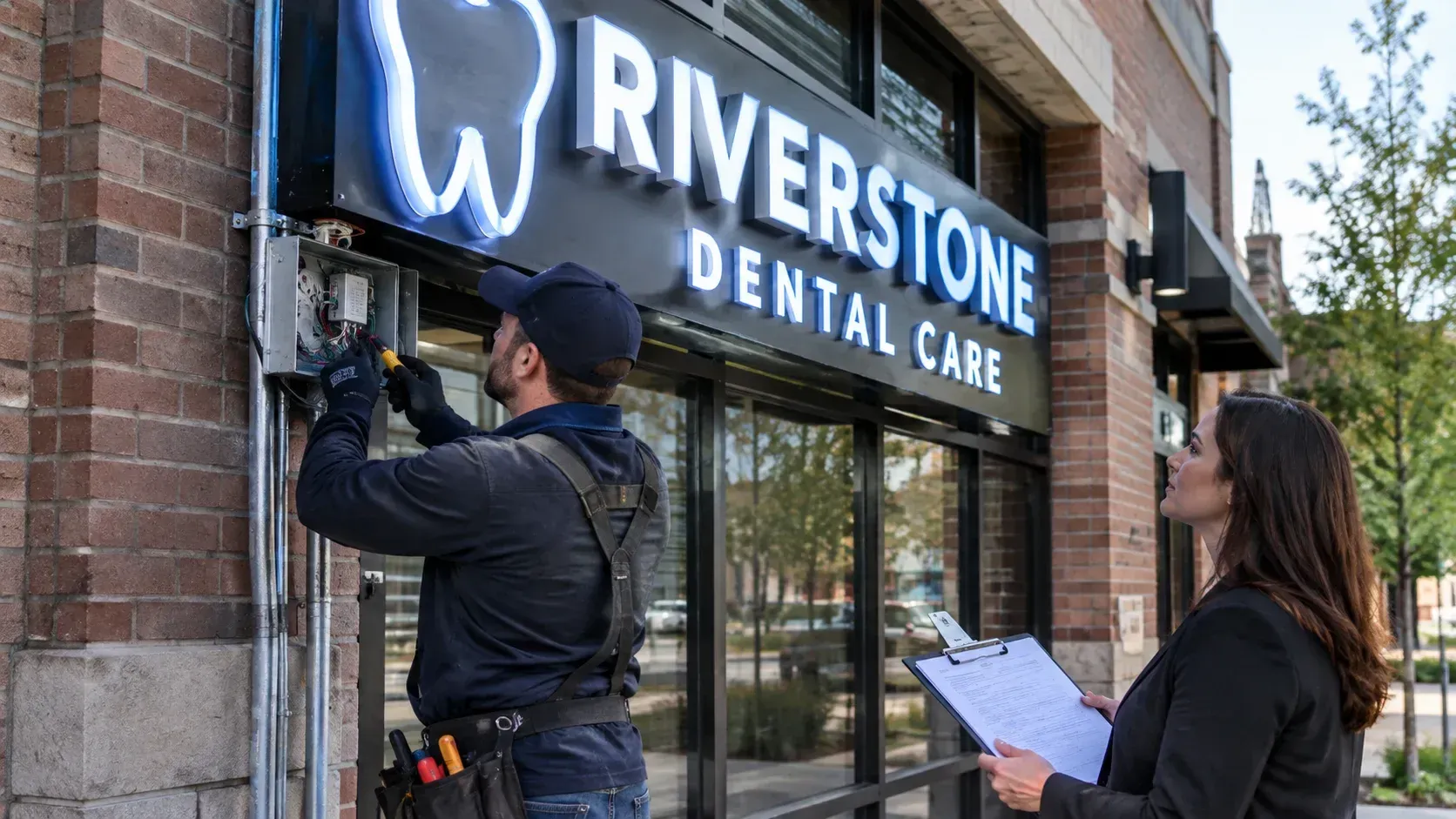 Electrician wiring Riverstone Dental illuminated sign with a project manager looking on.