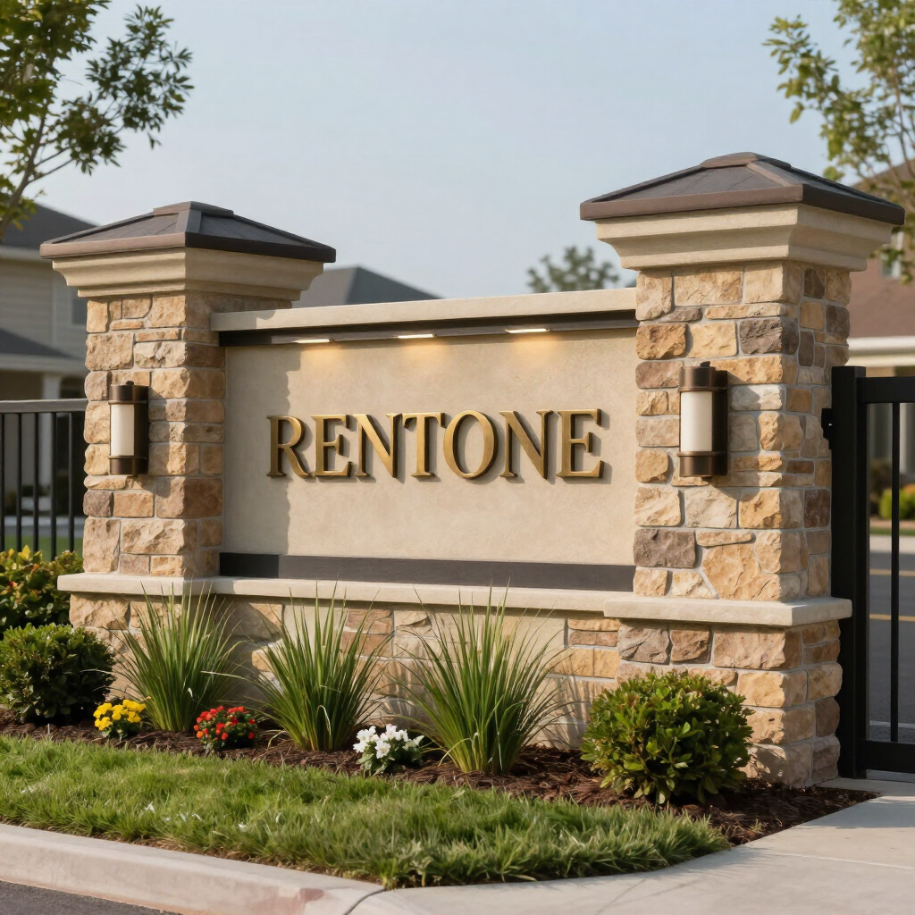 Stone entrance sign with gold “RENTONE” lettering, landscaped plants, and black metal gates.