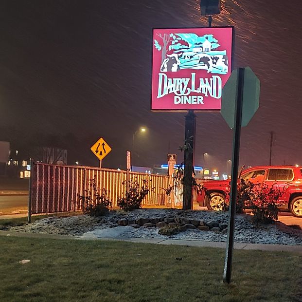 Lit “LADYLAND DINER” sign at night near a snowy roadside and parked cars