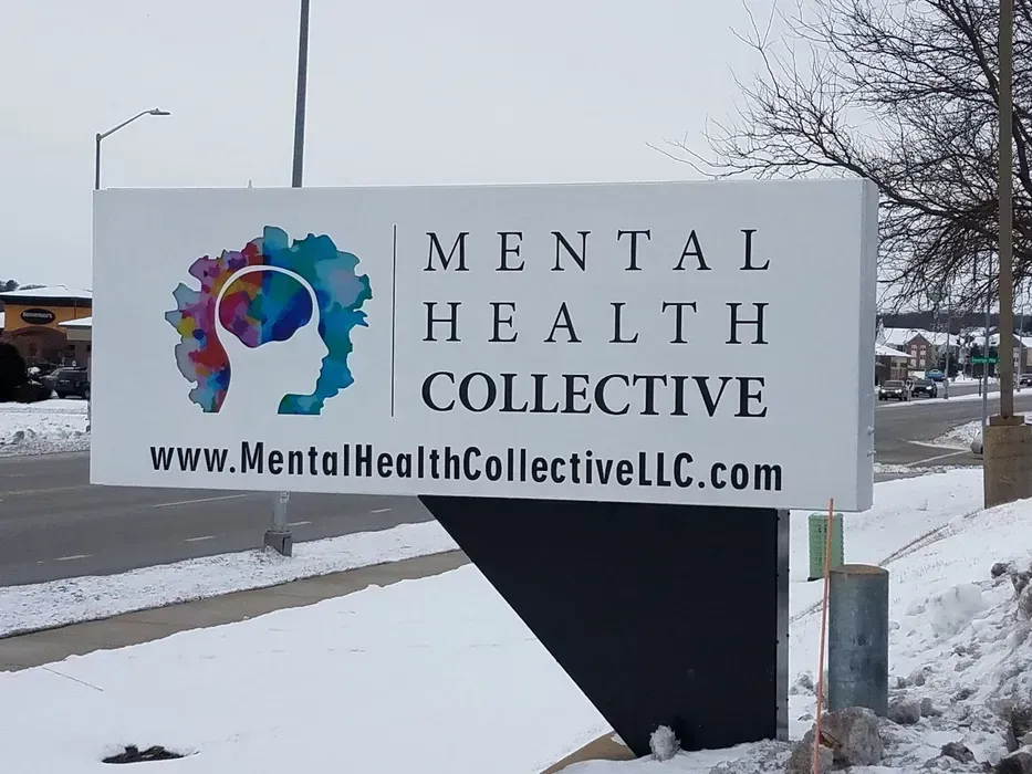 Mental Health Collective sign with colorful head logo in snowy roadside setting
