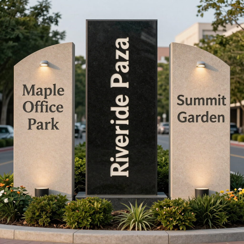 Entrance signs for Maple Office Park, Riverside Plaza, and Summit Garden at dusk
