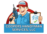 Cartoon handyman holding a drill and clipboard labeled “FIX” with Coopers Handyman Services, LLC logo