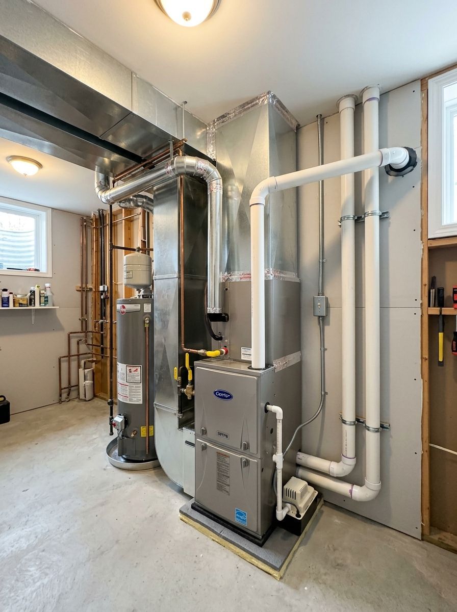 Utility room with a furnace, water heater, and exposed white and metal pipes along the wall.