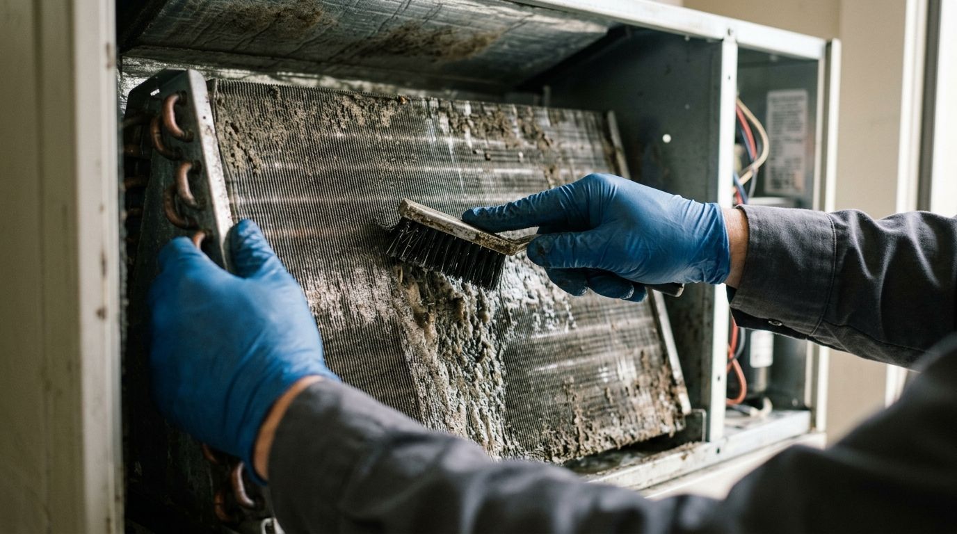 Gloved hands cleaning a dusty HVAC filter inside an air conditioning unit