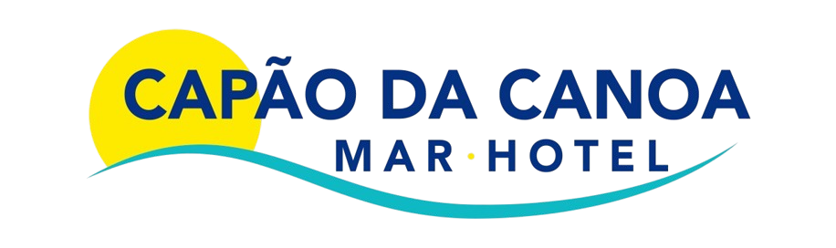 Log&oacute;tipo do Cap&atilde;o da Canoa Mar Hotel em azul e amarelo, com uma onda azul por baixo