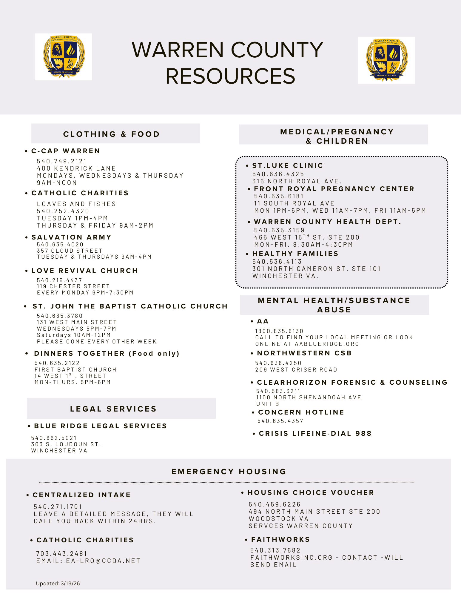Warren County Virginia Resources for Unhoused and Vulnerable Persons