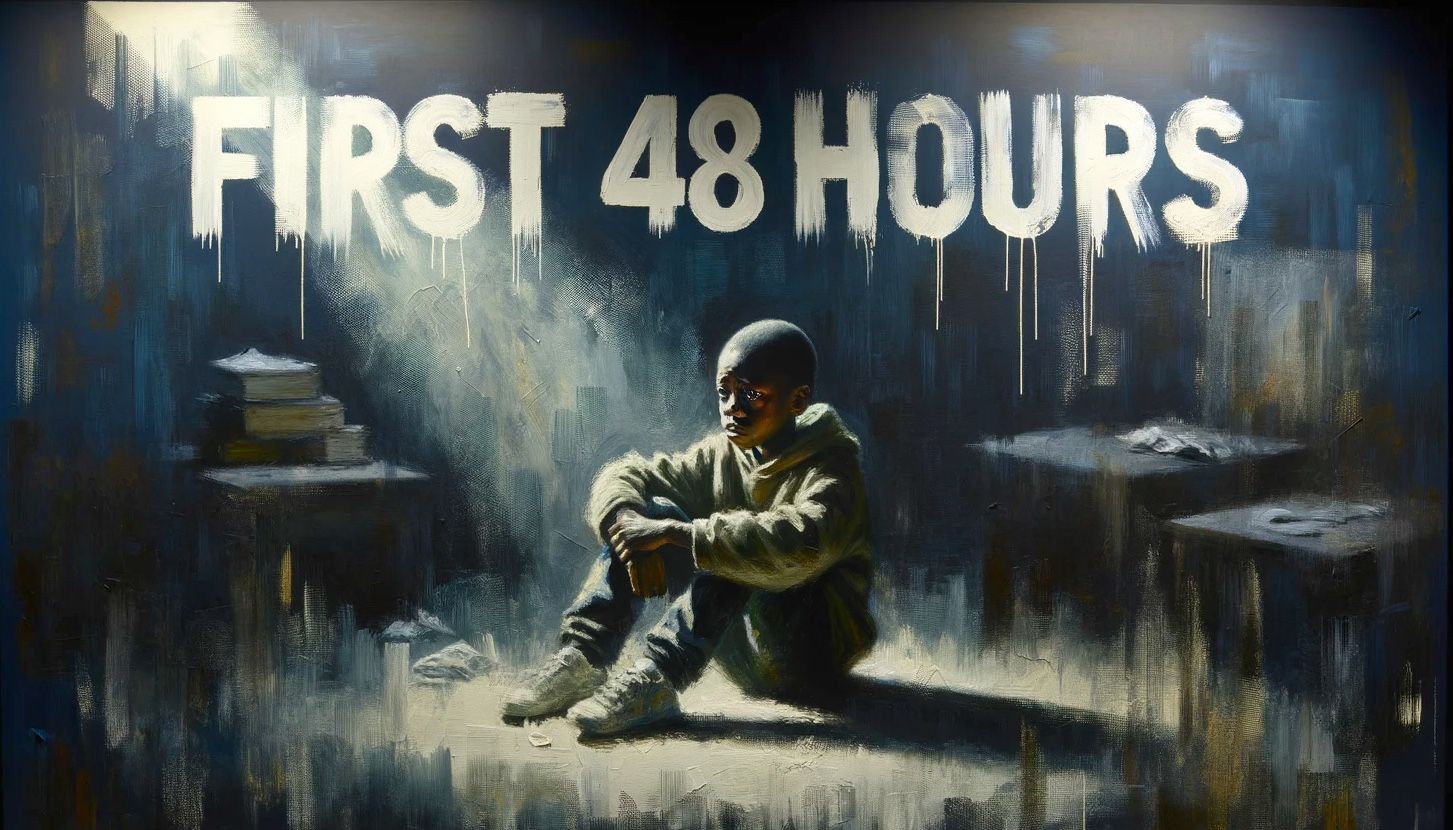 A child sitting on the ground with the words