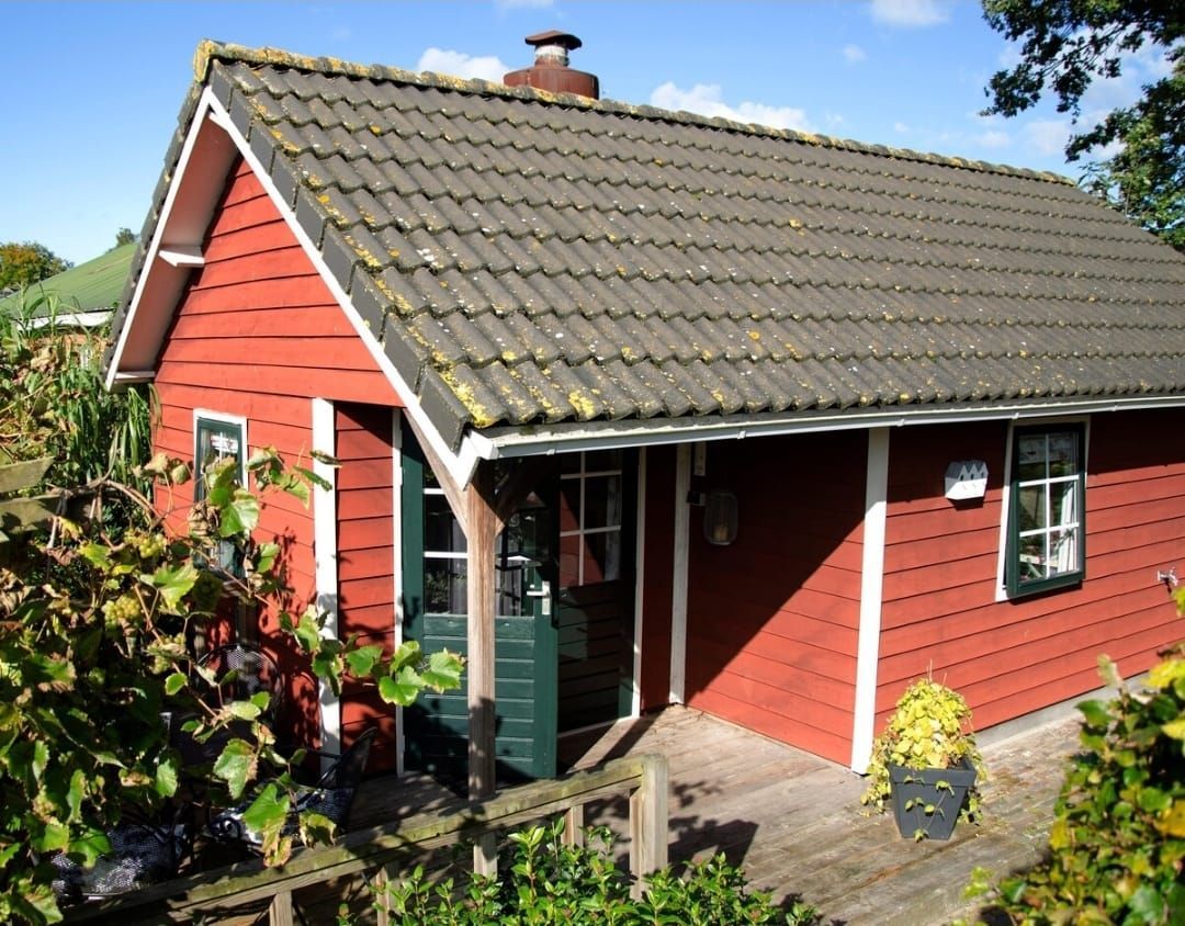 Rode blokhut met groene deur, grijs dak en omringende begroeiing.
