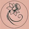 Een zwart-wit tekening van bloemen in een cirkel
