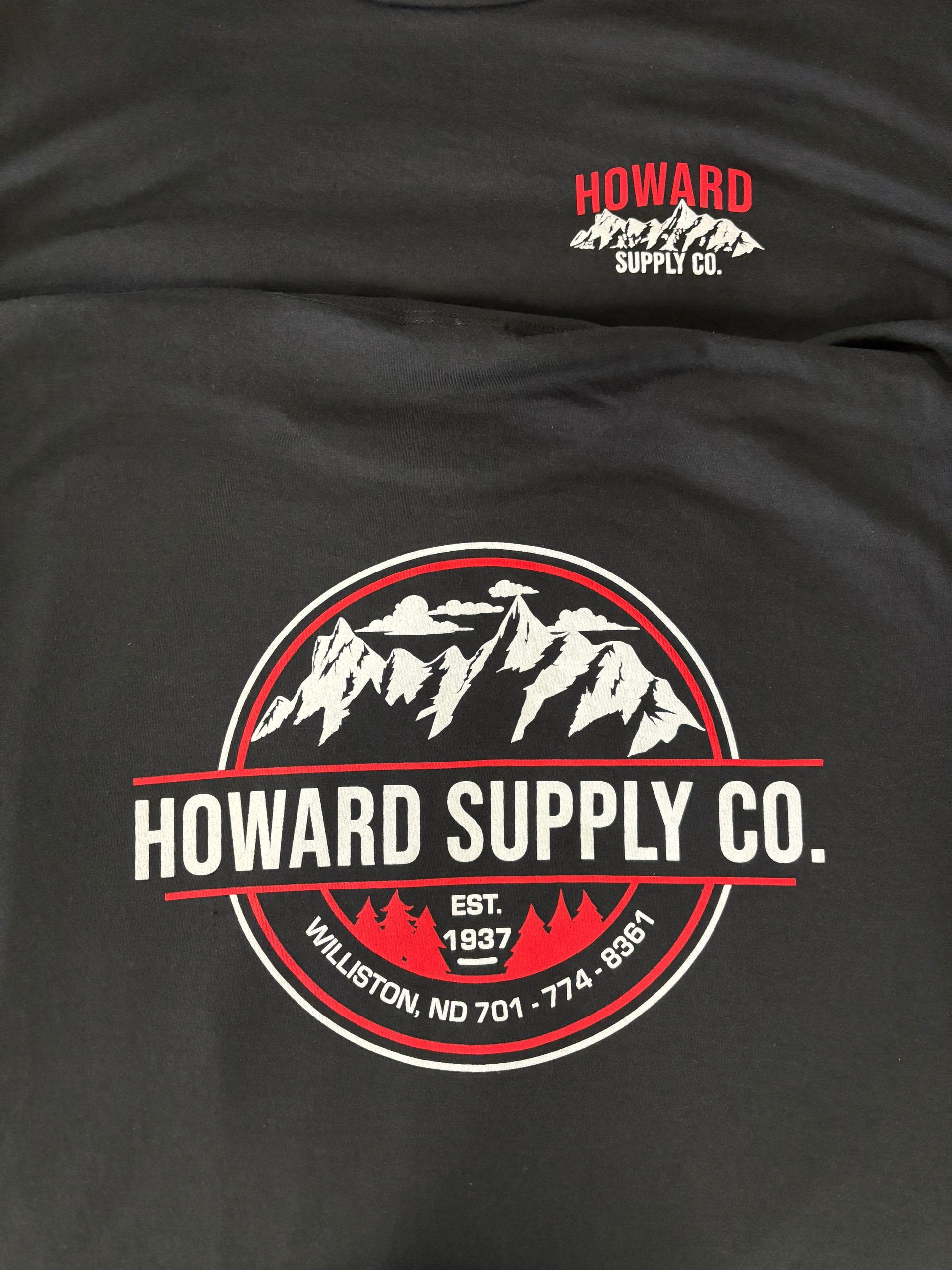 Black shirt with a red-and-white Howard Supply Co. mountain logo and text.