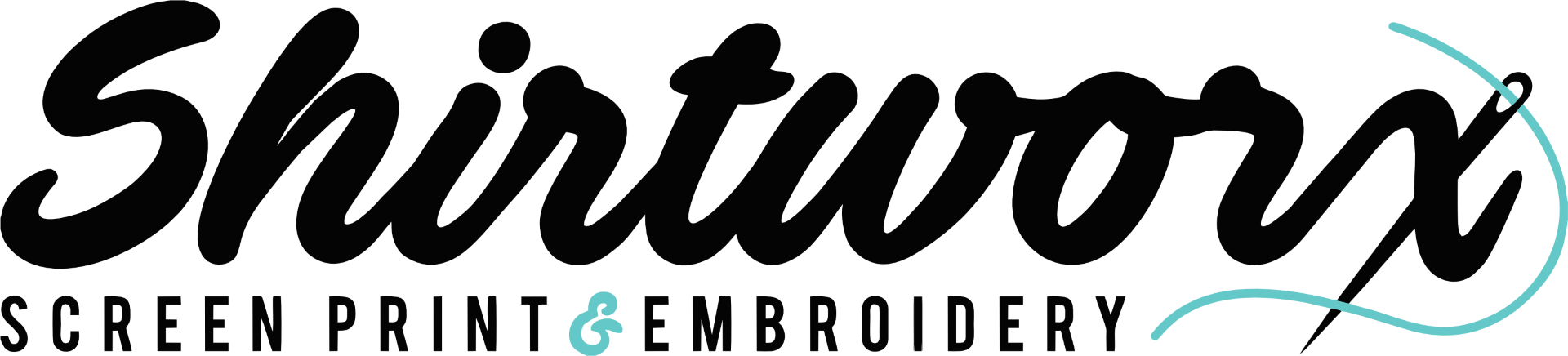 Shirtworx logo with “SCREEN PRINT & EMBROIDERY” tagline in black and teal