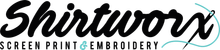 Shirtworx logo with &ldquo;SCREEN PRINT & EMBROIDERY&rdquo; tagline in black and teal