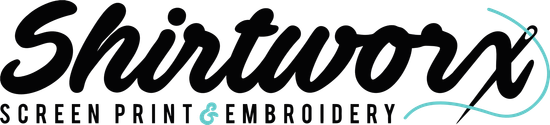 Shirtworx logo with &ldquo;SCREEN PRINT & EMBROIDERY&rdquo; tagline in black and teal