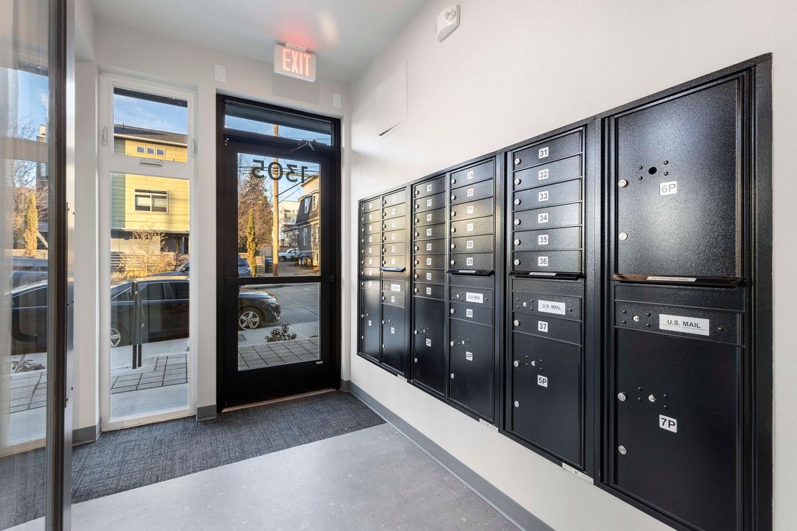 Building entryway with mailboxes