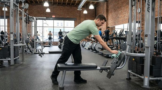 Commercial cleaner disinfecting gym weight machine during professional fitness center cleaning and sanitation service