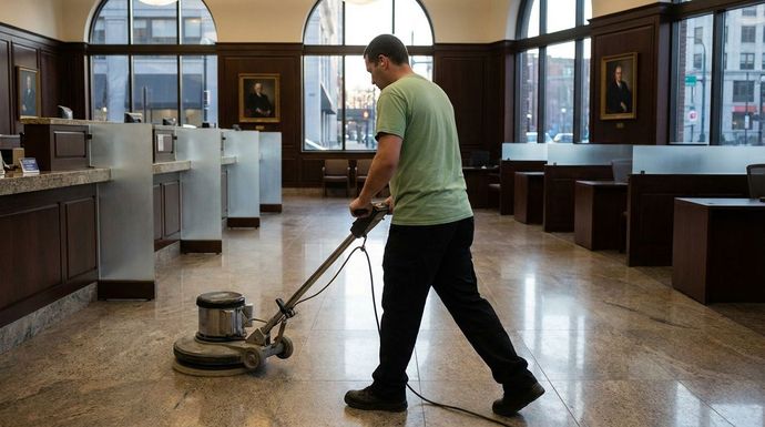 Commercial cleaner polishing marble floor inside bank lobby using a professional floor buffer machine.