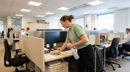 Commercial cleaner sanitizing office workstation desk inside corporate workspace during janitorial cleaning service