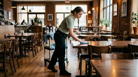 Restaurant cleaning staff disinfecting dining tables during professional commercial restaurant cleaning and janitorial sanitation service.