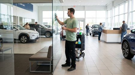 Janitorial staff cleaning showroom glass wall inside auto dealership during commercial facility cleaning service.