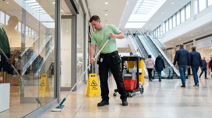 Janitorial staff mopping shopping center floor near escalators during routine commercial cleaning service.