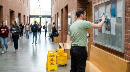 Janitorial worker cleaning university hallway bulletin board and surfaces during school facility cleaning service.