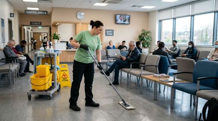 Janitorial worker mopping clinic waiting area floor during healthcare facility cleaning and sanitation service.
