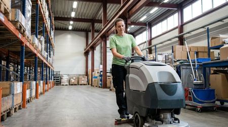 Janitorial worker operating floor scrubber machine inside warehouse facility during industrial cleaning service.