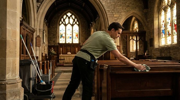 Janitorial worker wiping wooden church pews inside historic sanctuary during religious facility cleaning service
