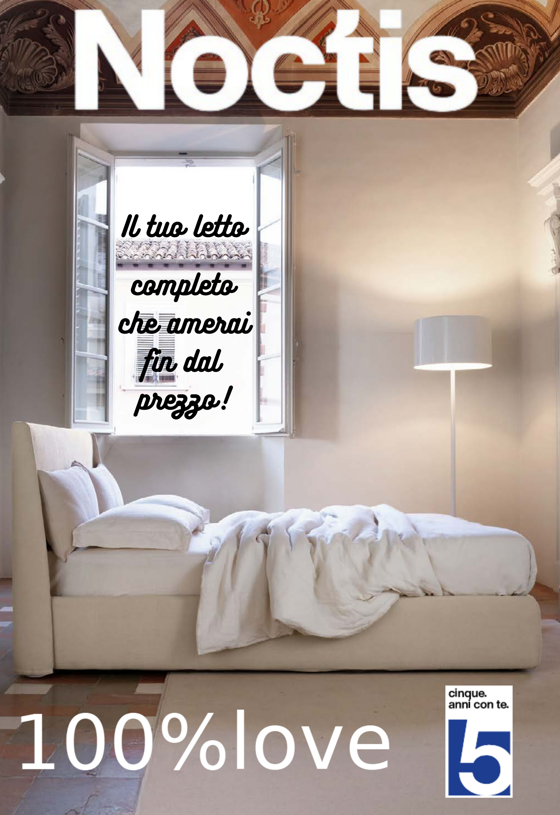 Pubblicità per i letti Noctis. Una camera da letto con un letto, la scritta