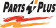 A logo for parts and plus with a red and yellow brush stroke.