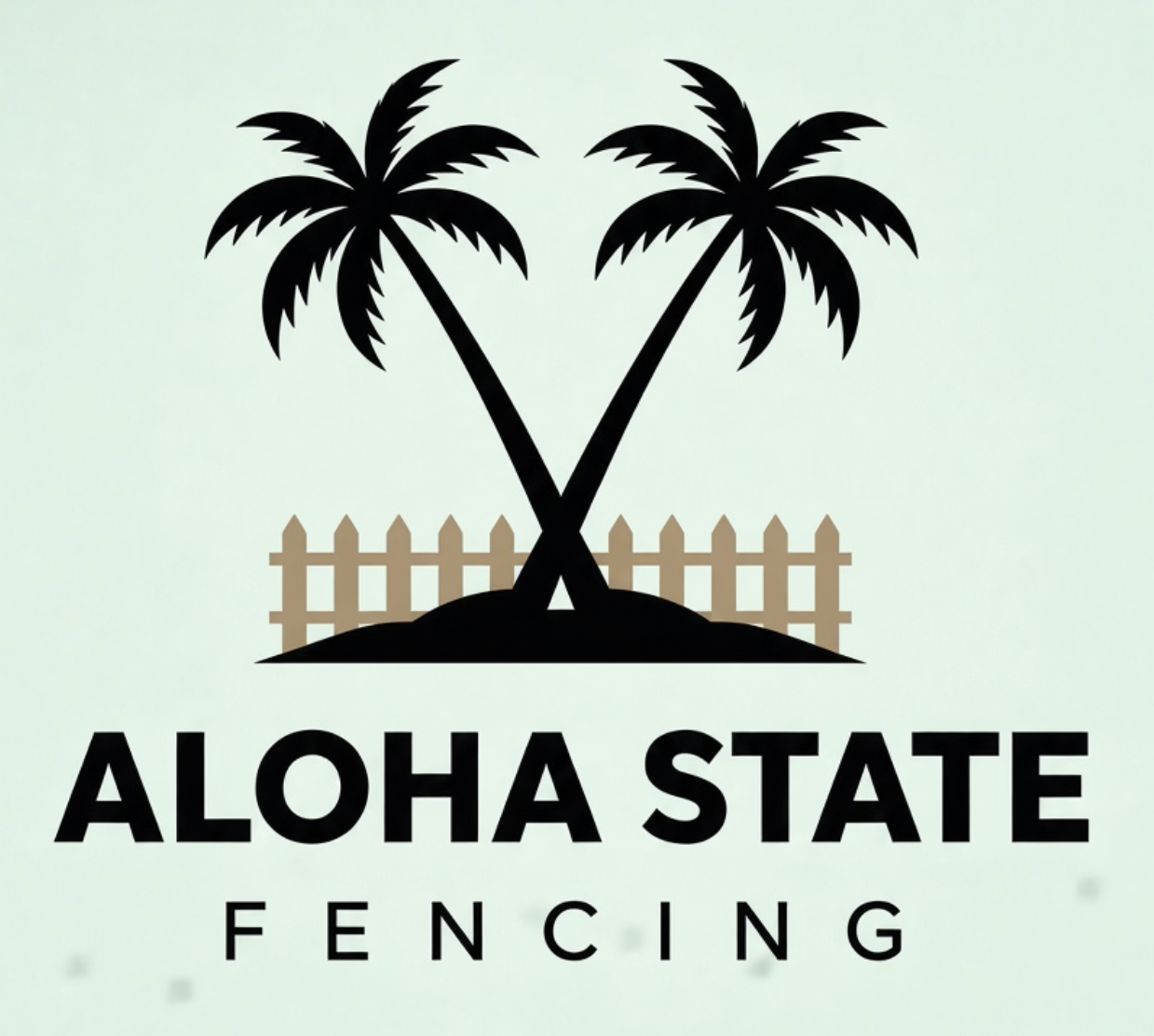Aloha State Fencing logo with black palm trees and tan fence on a light background