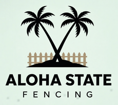 Aloha State Fencing logo with black palm trees and tan fence on a light background
