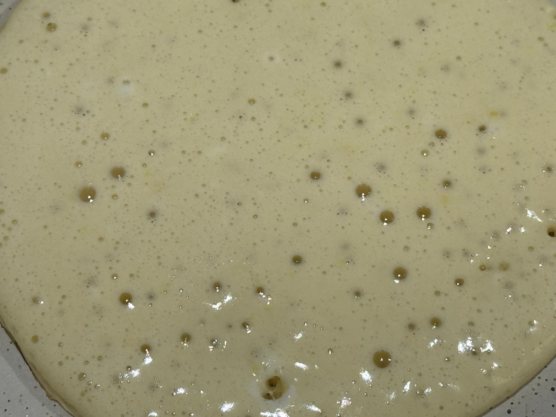 A close up of a batter in a pan with bubbles coming out of it.