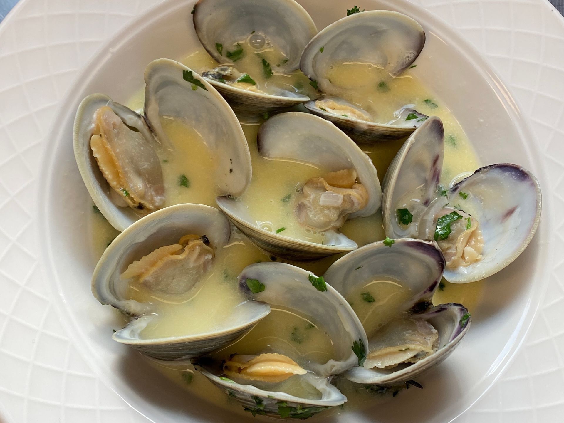 A white plate topped with clams in a sauce