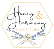 Logo for Honey & Harmony Catering: Gold hexagon with script text and lavender sprig, plus 