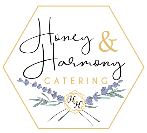 Logo for Honey & Harmony Catering featuring elegant script text, a lavender sprig, and a hexagonal gold border.