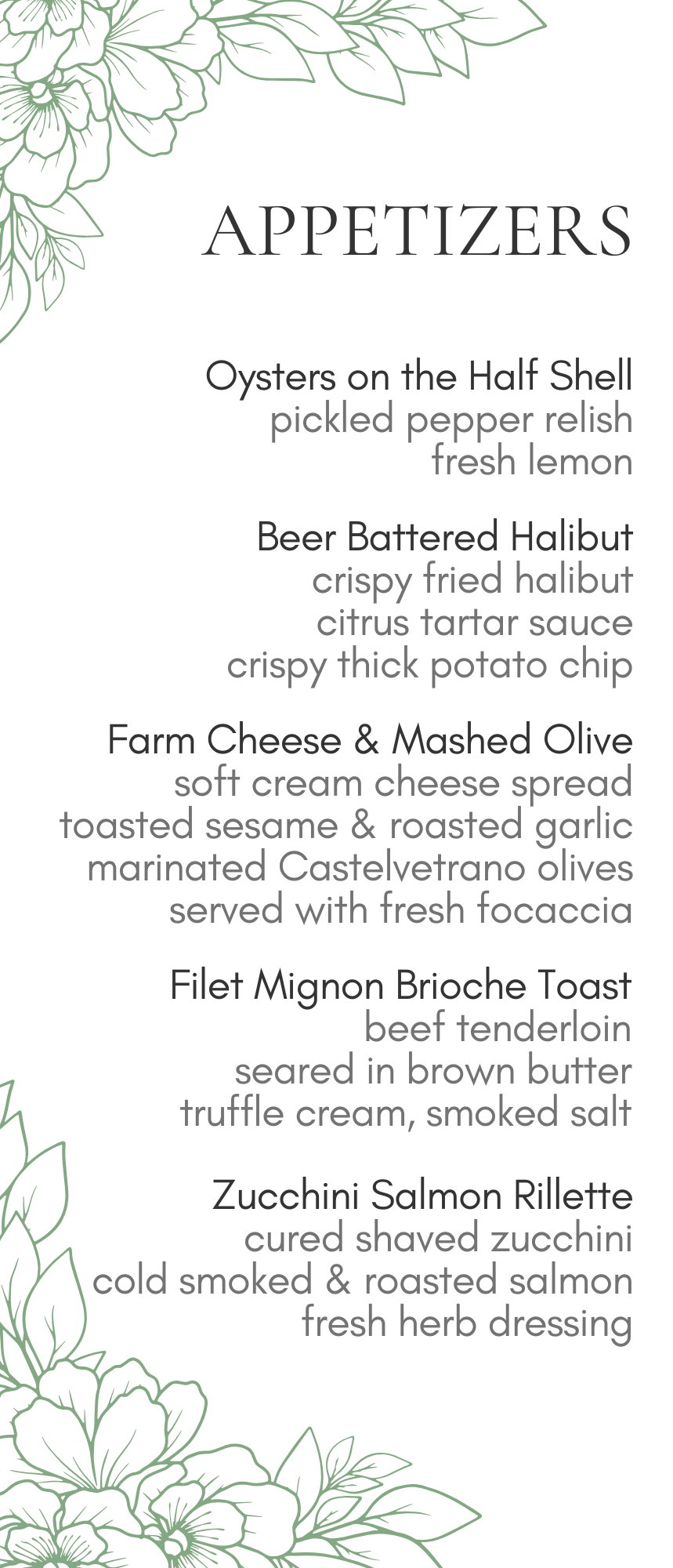 Appetizers menu with several dish names in black text on a white floral background.