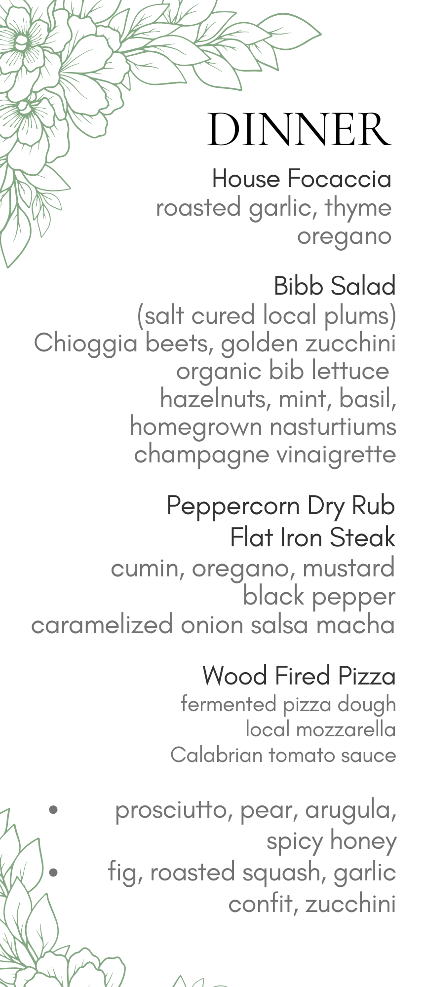 Diner menu with vegetarian dishes and ingredients listed in a simple black-and-white layout
