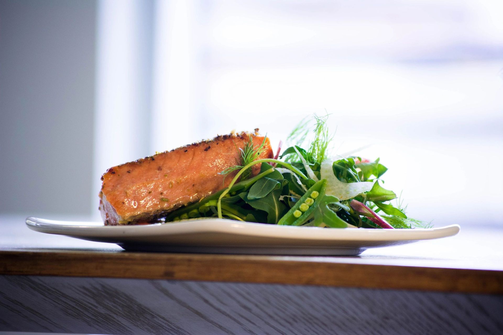 A piece of seared salmon resting on a bed of fresh green salad on a white plate.