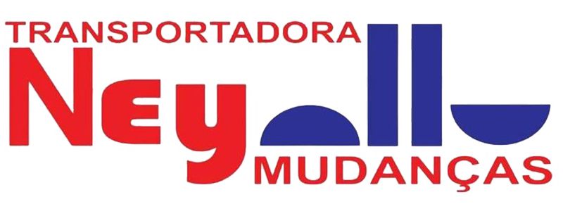 Logotipo da "Transportadora Ney Mudan&ccedil;as" em texto vermelho e azul, apresentando um arco azul estilizado e linhas verticais.