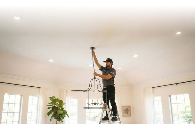 Worker on a ladder installing a ceiling light in a bright room