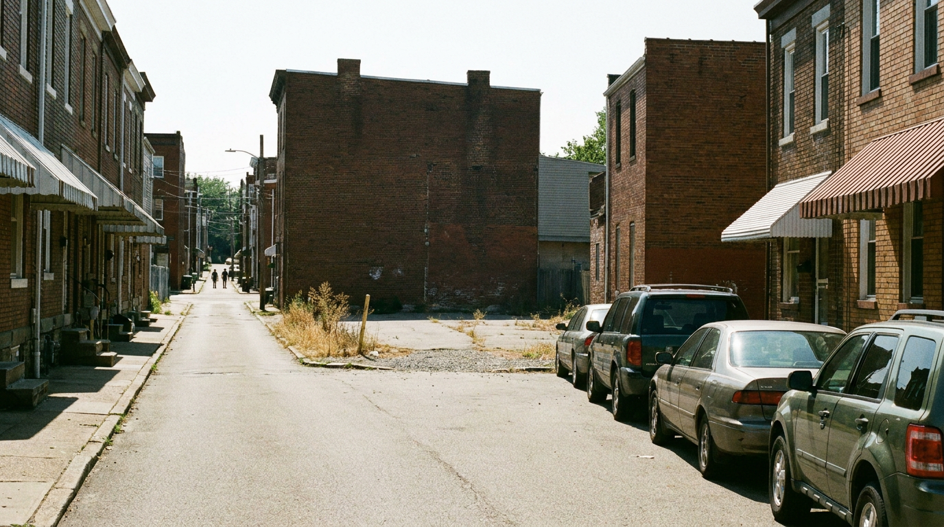 Row of brick townhouses along a quiet street with parked cars and a vacant lot at the end
