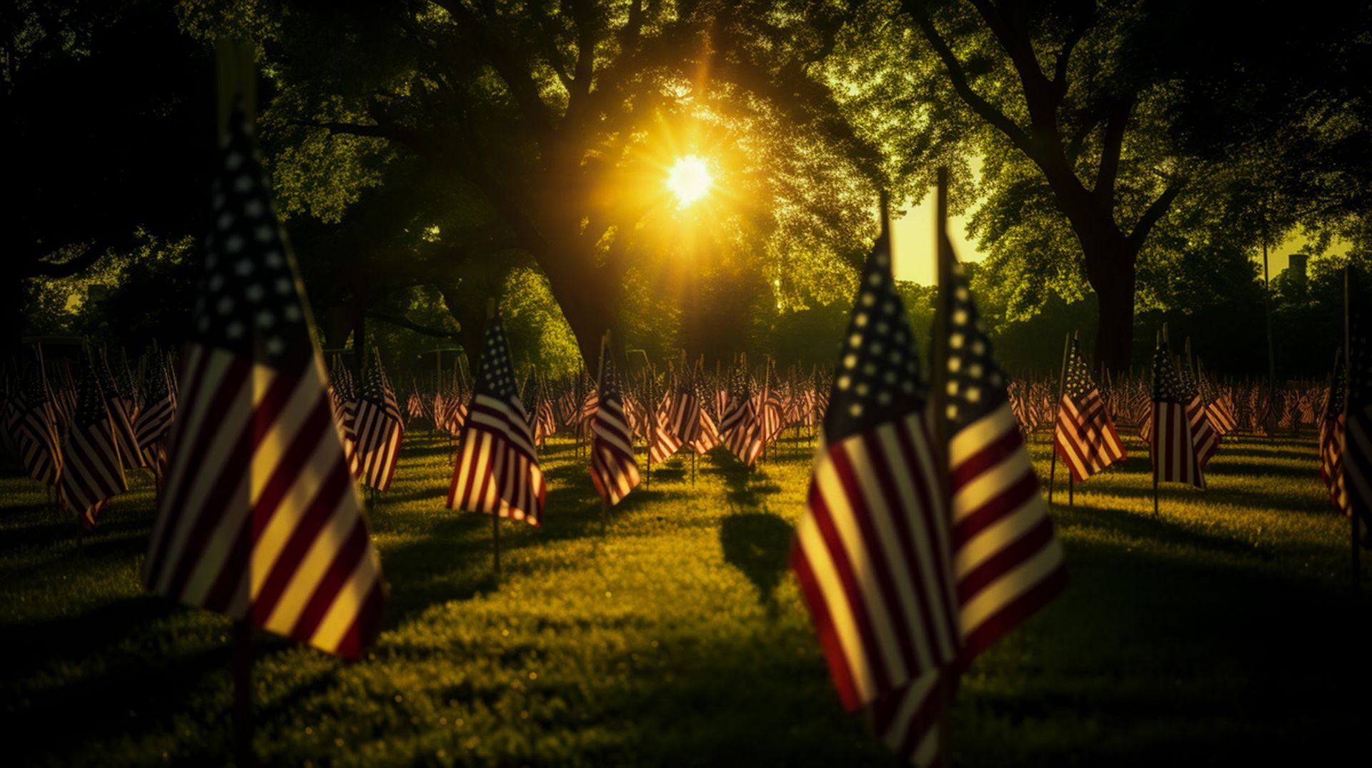 Rows of American flags at sunset in a grassy memorial field beneath trees