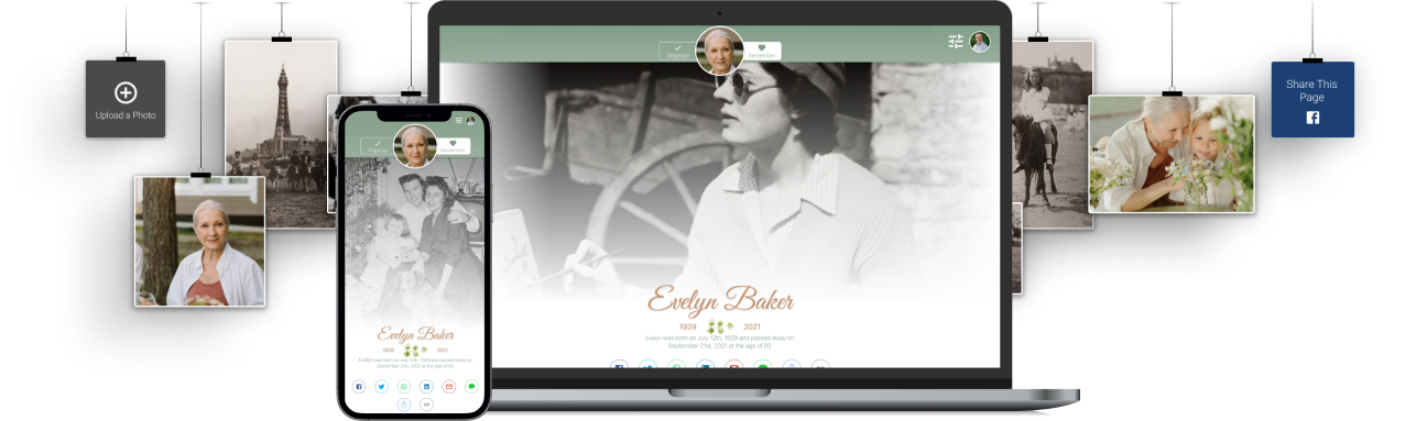 Wedding website shown on a laptop and phone, with invitation cards and floral decor displayed around it