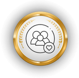 Gold circular badge with a group icon and a small heart symbol inside