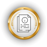 Gold seal icon with document and information symbol