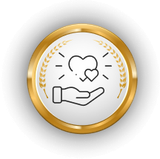 Gold coin icon with a hand holding a heart and sparkles inside a white center