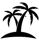 Black palm tree silhouette on a small island against a white background