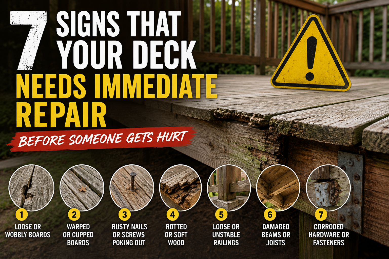 Graphic warning: 7 signs your deck needs immediate repair, with cracked, rotting wooden boards and caution icon.