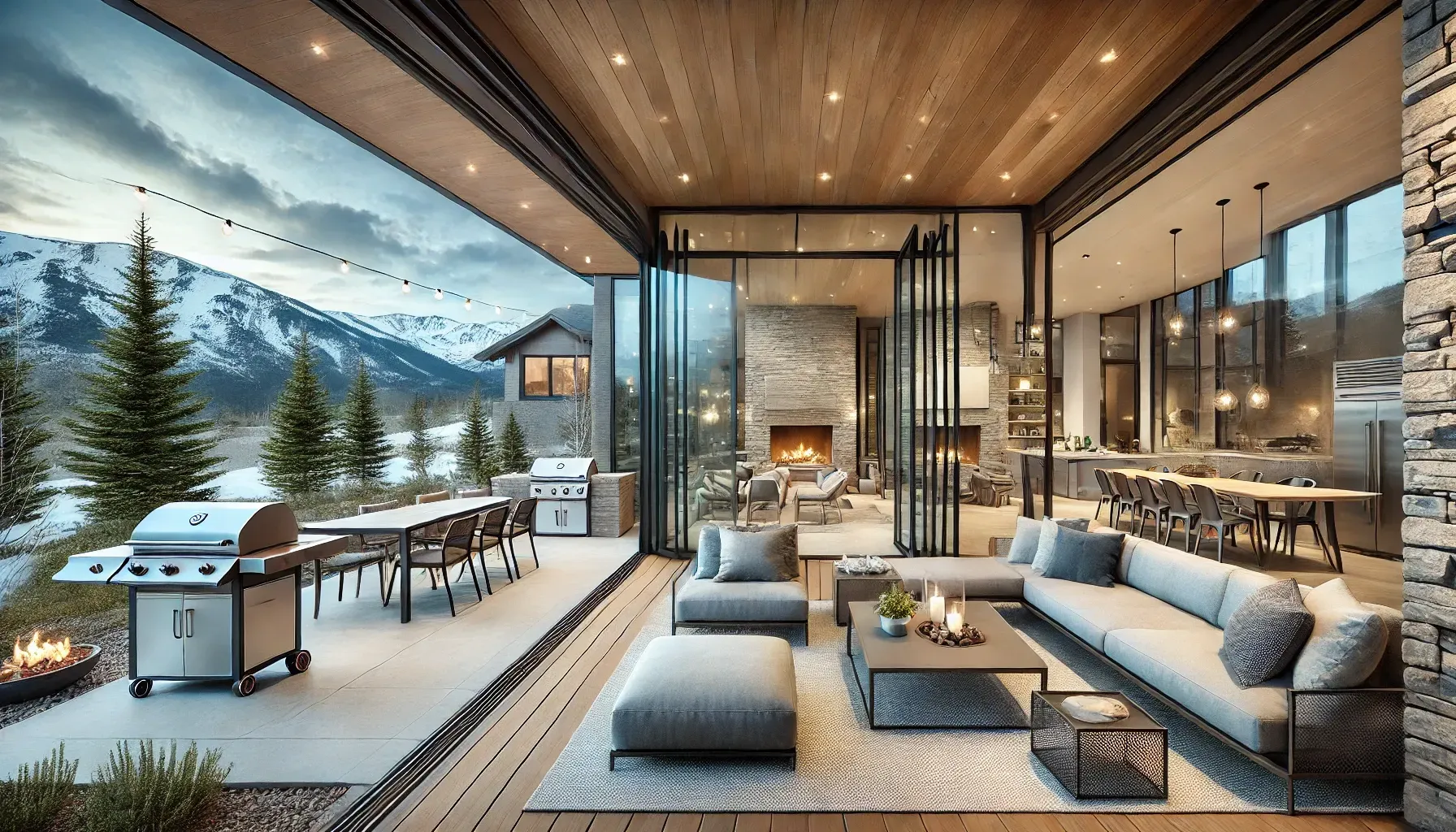 A living room with a glass wall retracted so the inside and outside blend together. 